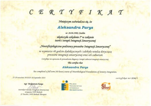 Integracja Sensoryczna - Certyfikat SI - Ist