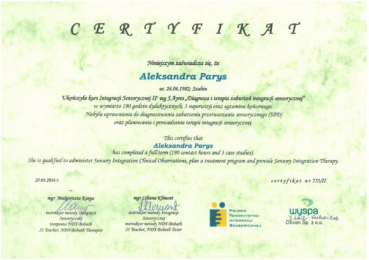 Integracja Sensoryczna - Certyfikat SI - IIst